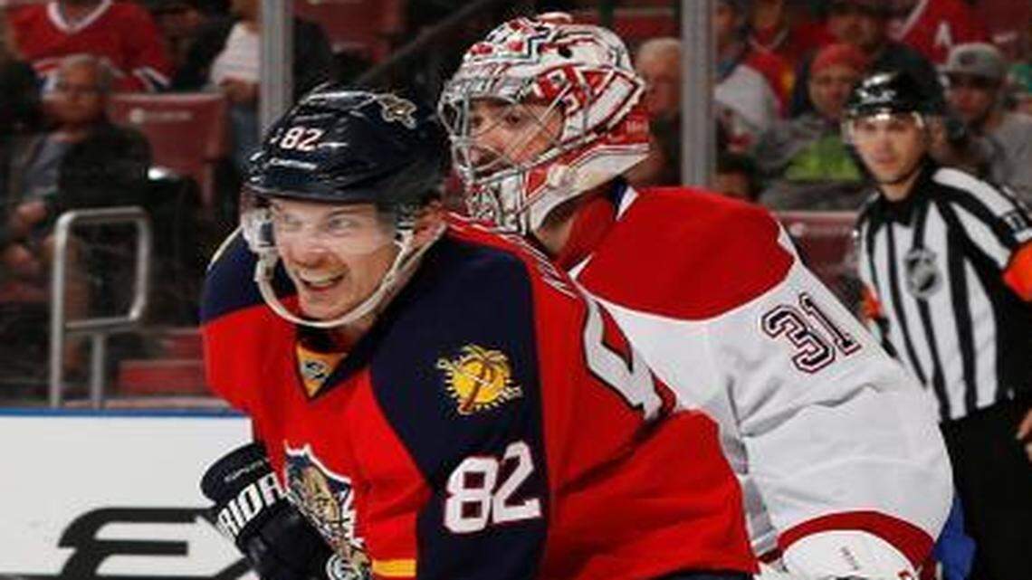 
Tomas Kopecky of the Florida Panthers gets into position in front of goaltender Carey Price of the Montreal Canadiens at the BB&T Center on April 5, 2015 in Sunrise, Florida. 
