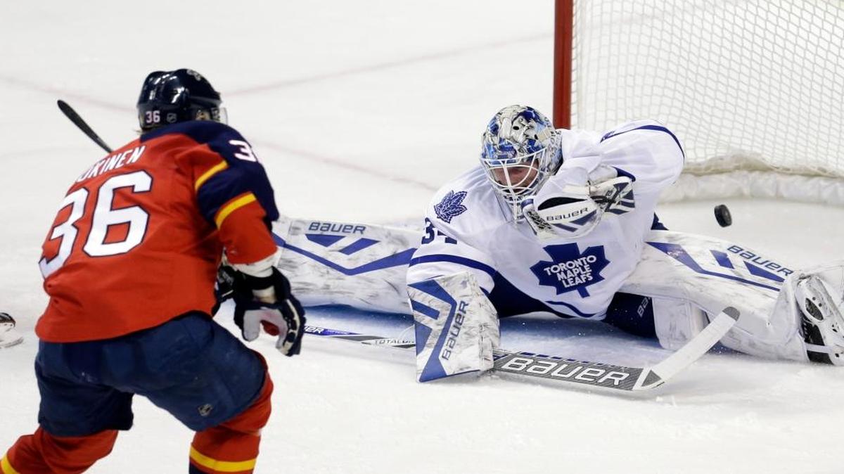 Florida Panthers left wing Jussi Jokinen (36) scores against Toronto Maple Leafs goalie James Reimer (34) during the second period Tuesday, Jan. 26, 2016, in Sunrise, Fla.