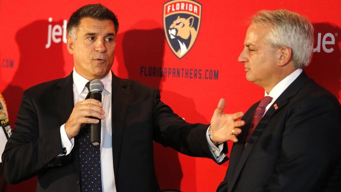 Florida Panthers owner Vincent J. Viola, left, with Douglas A. Cifu as he speaks to the press before the season opener at the BB&T Center in Sunrise, Florida on Thurs., Oct. 13, 2016.