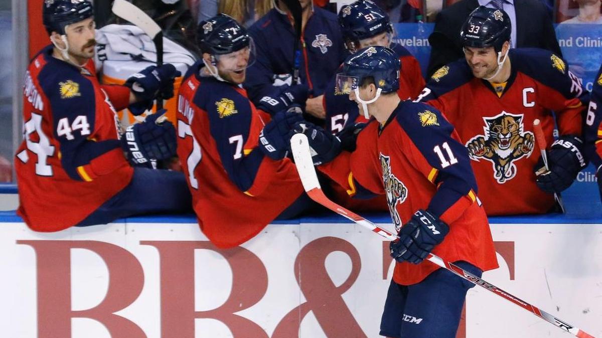 Florida winger Jonathan Huberdeau celebrates a goal last season season at BB&T Center in Sunrise.