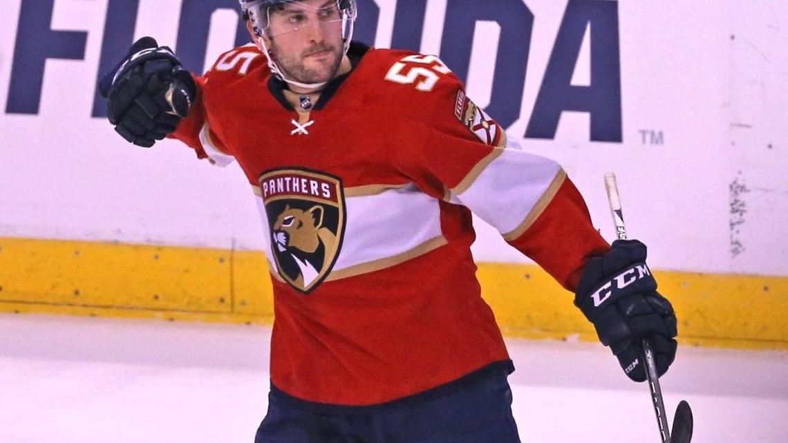 Jason Demers celebrates one of his career-high eight goals — this one against the Canadiens on December 29.