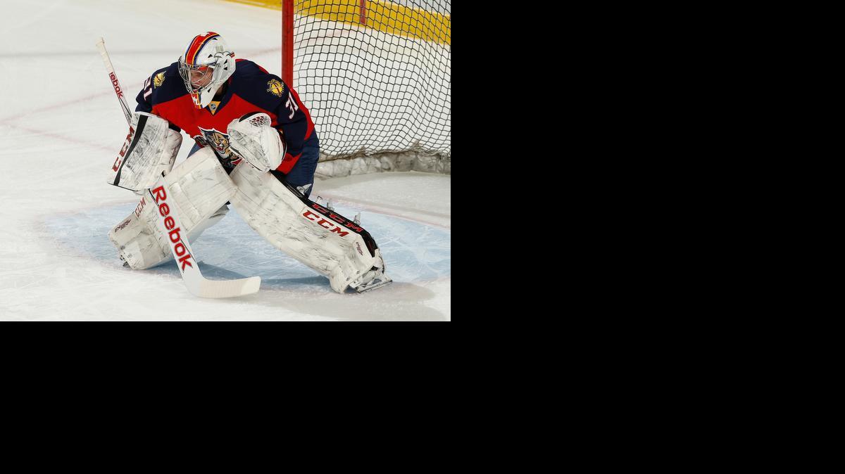 
Florida Panthers goaltender Sam Brittain warms up before a game against the Dallas Stars on Thursday, March 5, 2015, in Sunrise, Fla. 
