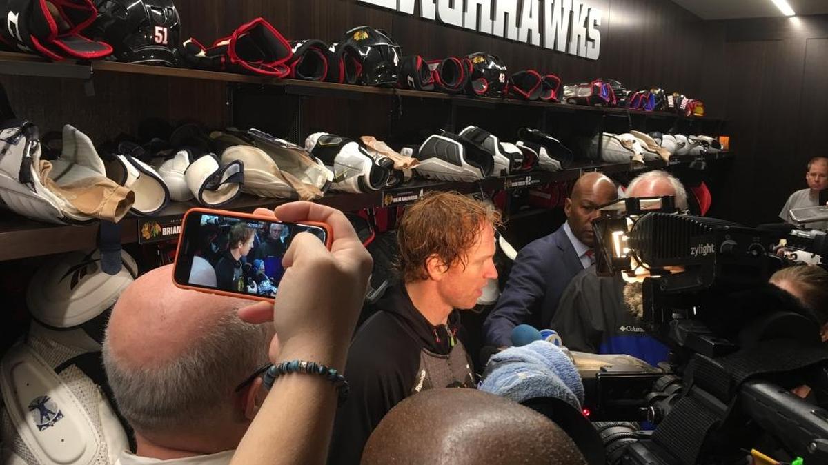 Chicago defenseman Brian Campbell speaks to the media before facing his former teammates and the Florida Panthers on Tuesday at United Center.