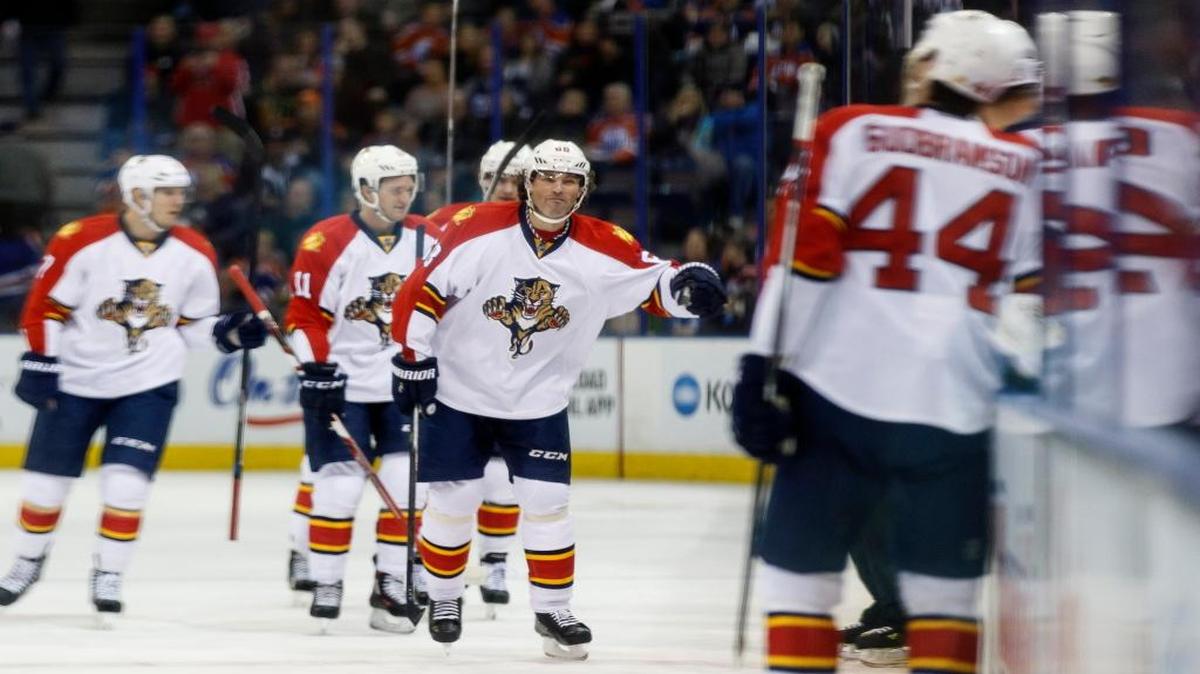 Panthers forward Jaromir Jagr (68) celebrates a goal during the first period between the Edmonton Oilers and Florida Panthers at Rexall Place in Edmonton on Sunday, January 10, 2016.