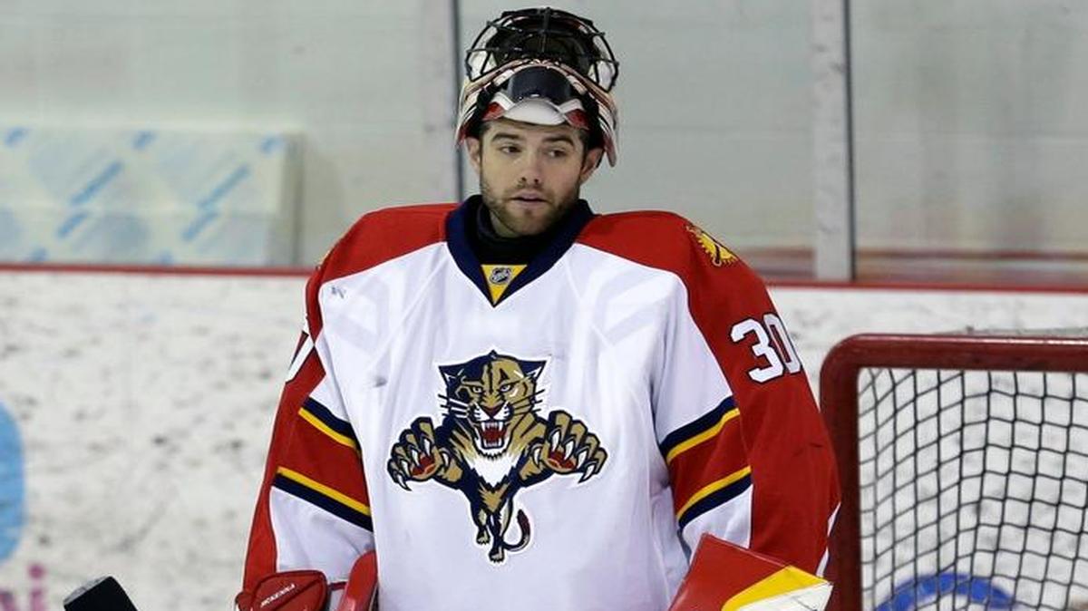 
Florida Panthers goalie Mike McKenna stands next to the goal during NHL training camp Friday, Sept. 18, 2015 in Coral Springs, Fla.
