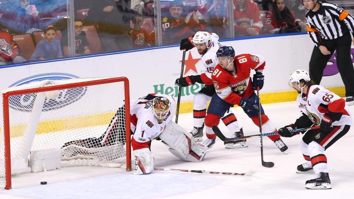 Florida Panthers center Jonathan Marchessault scores the fifth goal during the third period of an NHL hockey game against the Ottawa Senators at BB&T Center on Tues., Jan. 31, 2017, in Sunrise.