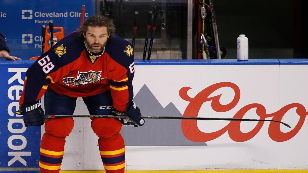 Florida Panthers right wing Jaromir Jagr is shown during warmups before the start of Game 2 in a first-round NHL hockey Stanley Cup playoff series against the New York Islanders, Friday, April 15, 2016, in Sunrise, Fla.