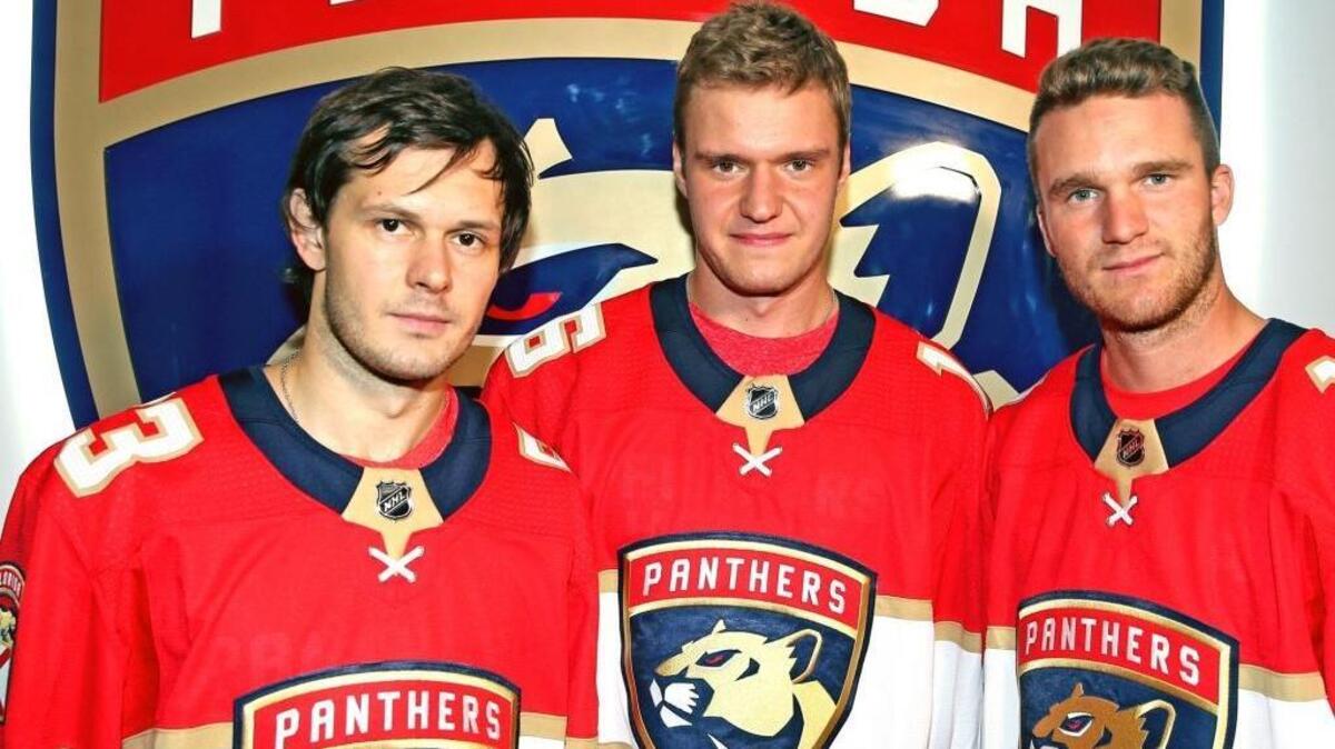 Florida Panthers Evgenii Dadonov, Sasha Barkov and Jonathan Huberdeau, at the BB&T Center in Sunrise, Florida, on Sept. 22, 2017.