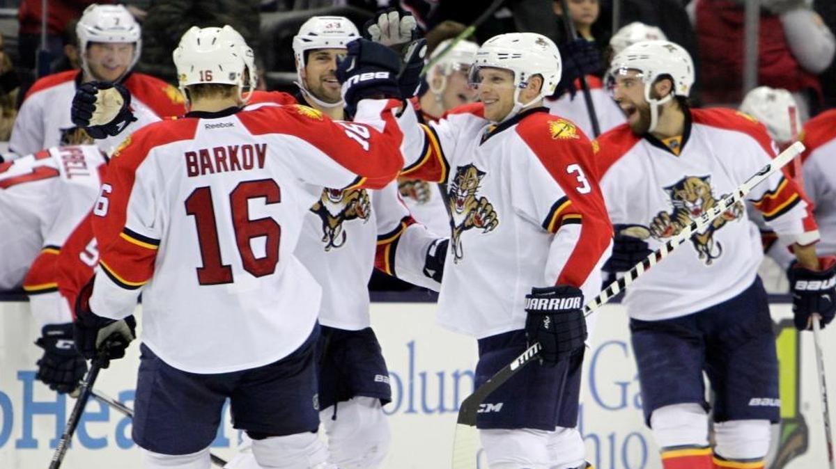 Florida Panthers’ Aleksander Barkov (16), of Finland, celebrates his winning goal against the Columbus Blue Jackets in the shootout Friday, Dec. 4, 2015, in Columbus, Ohio. The Panthers won 2-1.