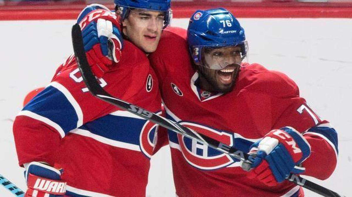 
Game-winner: Montreal’s Max Pacioretty, left, celebrates his overtime goal Saturday against Florida with teammate P.K. Subban. 
