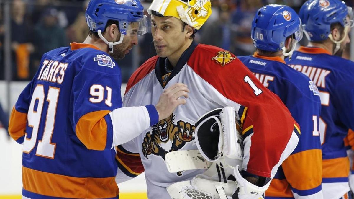 Florida Panthers goalie Roberto Luongo meets up with New York center John Tavares after Tavares scored the game-winning goal in the Islanders’ 2-1 victory over the Panthers in the opening round of the 2016 Stanley Cup playoffs.