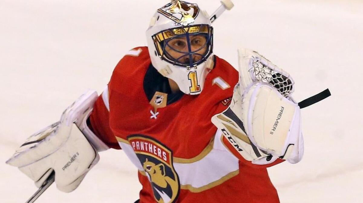 Florida Panthers goalie Roberto Luongo catches the puck in his glove in the first period as they play the Edmonton Oilers Saturday, March 17, 2018, at the BB&T Center in Sunrise, Fla.