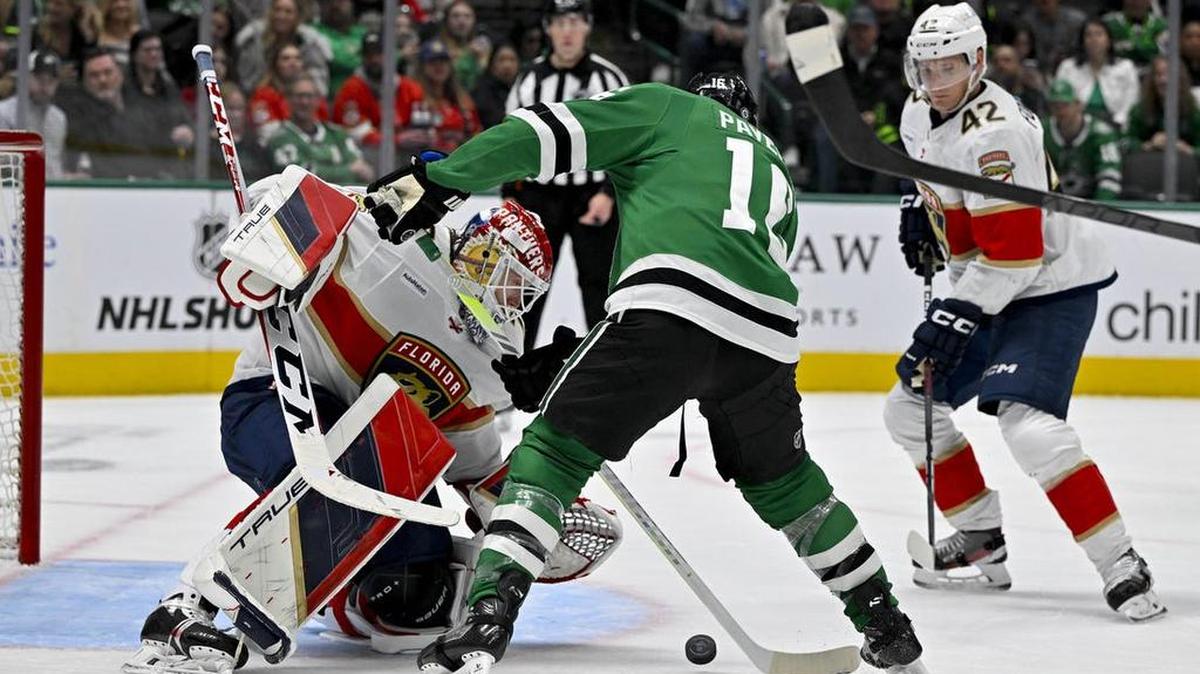 Mar 12, 2024; Dallas, Texas, USA; Dallas Stars center Joe Pavelski (16) attempts to poke the puck past Florida Panthers goaltender Sergei Bobrovsky (72) during the second period at the American Airlines Center. Mandatory Credit: Jerome Miron-USA TODAY Sports