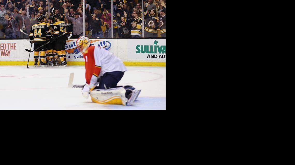
Panthers goaltender Roberto Luongo looks down after Milan Lucic scored the Bruins’ game-winning goal Tuesday, March 31, 2015 in Boston. 
