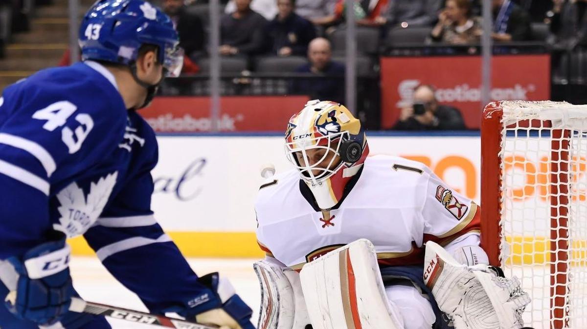 Florida Panthers goalie Roberto Luongo (1) makes a save on a shot by Toronto Maple Leafs center Nazem Kadri (43) during the second period of an NHL hockey game in Toronto on Thurs., Oct. 27, 2016.