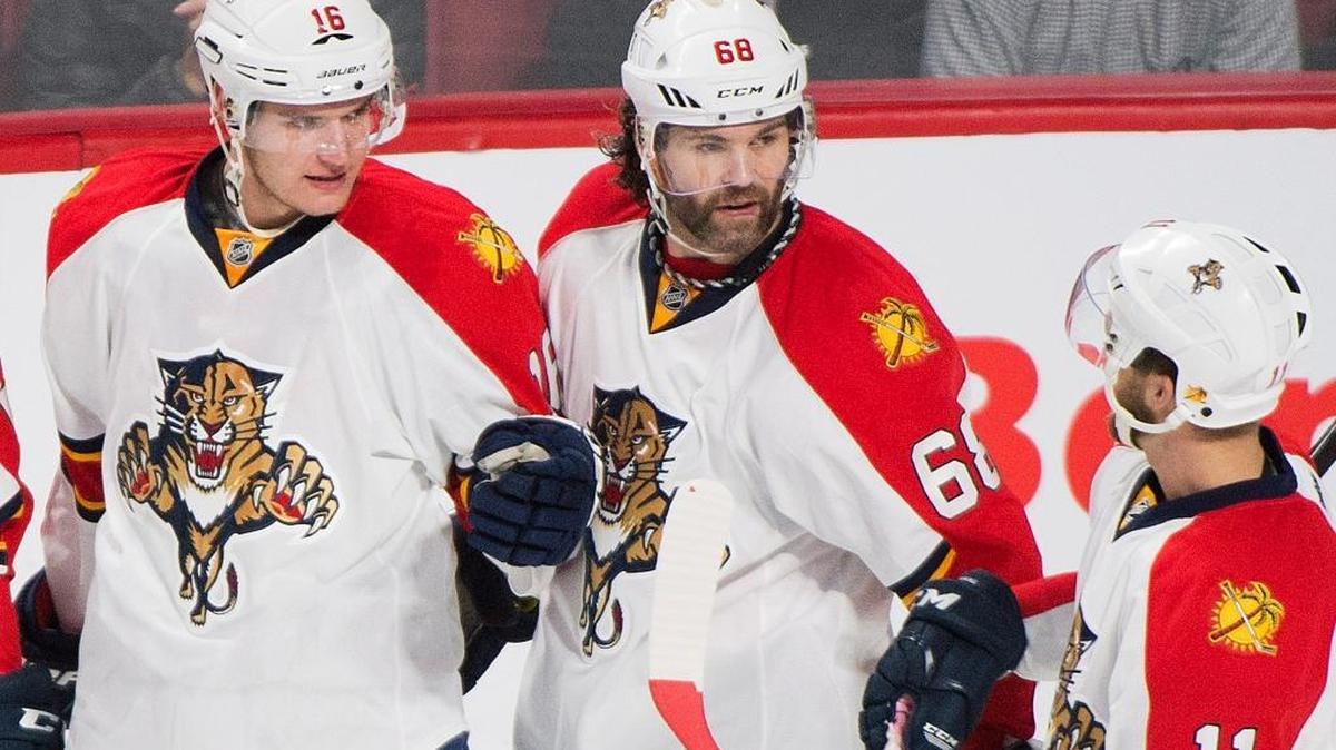 Only one member of the Florida Panthers' top line of Aleksander Barkov, left, Jaromir Jagr, center, and Jonathan Huberdeau has played in the playoffs before - Jagr with 202 career games.
