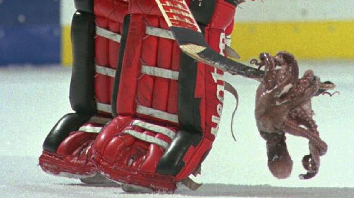 Detroit Red Wings goalie Mike Vernon, during a 1996 Red Wings road game against then-hated rival Colorado, scoops up an octopus thrown onto the ice in the third period.