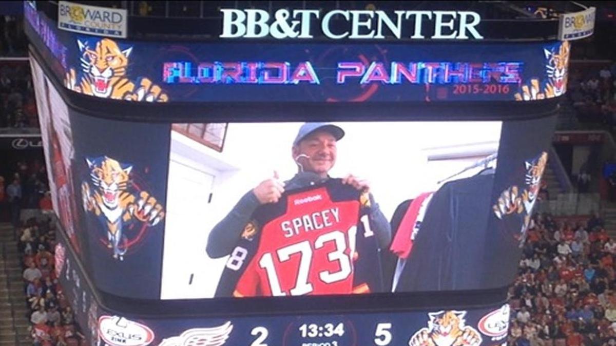 Actor Kevin Spacey is seen holding a custom Florida Panthers jersey during a short filmed for the team. The team released the video of the Oscar-winning actor — who is the inspiration for the team's 'Spacey In Space' sweatshirt -- during the third period of Thursday's 6-3 win over Detroit.