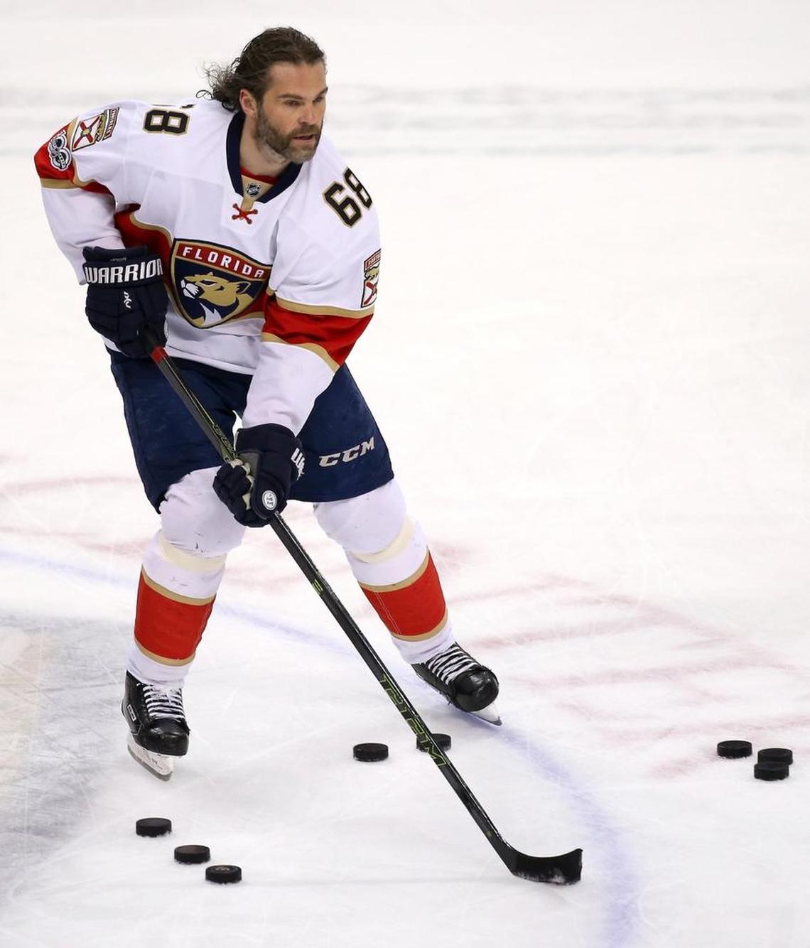Florida Panthers right wing Jaromir Jagr skates during warmups before the start of an NHL hockey game against Los Angeles Kings at BB&T Center on February 9, 2017.