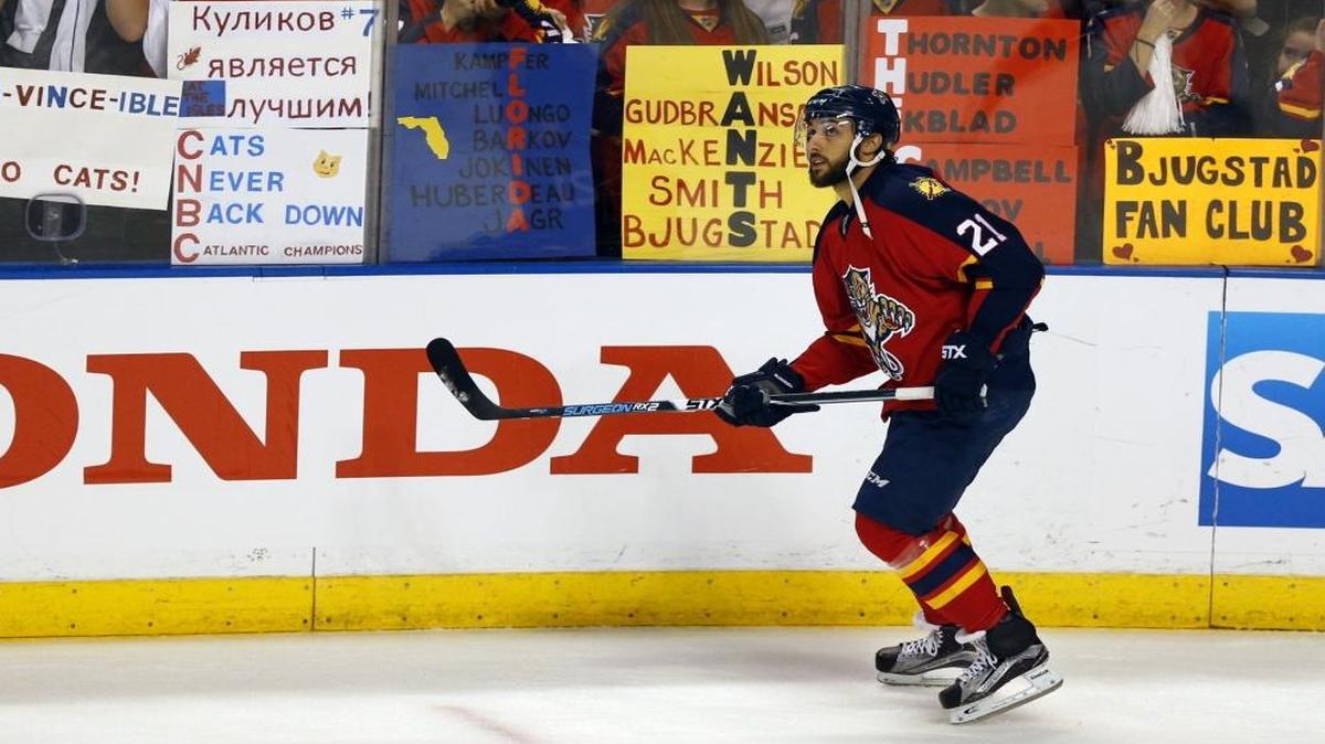 Back from injury, Florida Panthers center Vincent Trocheck (21) makes an appearance before the game as the Panthers host the New York Islanders for Game 5 of the playoffs at the BB&T Center on Fri., April 22, 2016. Trocheck has not played for weeks due to injury.