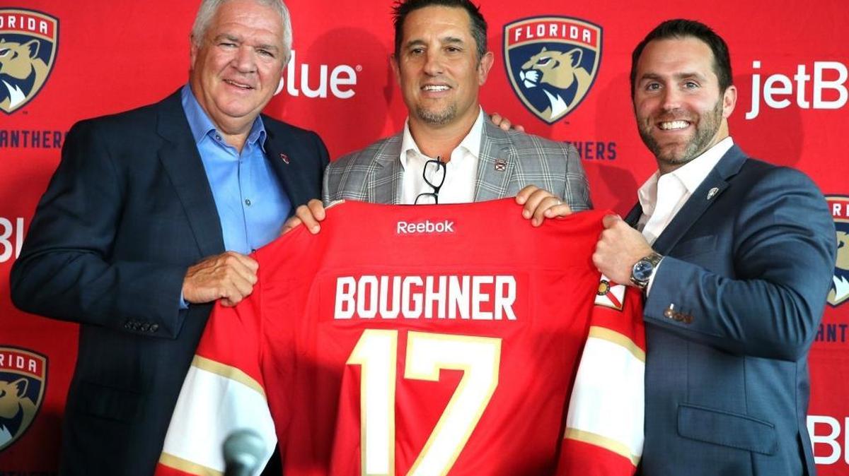 Florida Panthers new coach Bob Boughner (center), with GM Dale Tallon and CEO Matthew Caldwell at a press conference to announce the new coach at BB&T Center in Sunrise on June 12.