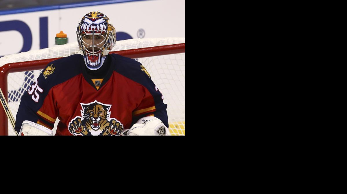 
Florida Panthers goalie Al Montoya watches game action against the New Jersey Devils' during the second period of a NHL hockey game in Sunrise on Oct. 11, 2014.
