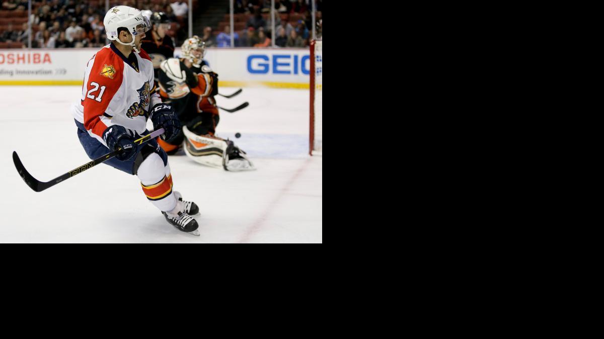 
Florida Panthers center Vincent Trocheck, left, scores past Anaheim Ducks goalie Frederik Andersen during the first period of an NHL hockey game in Anaheim, Calif. on Nov. 16, 2014.
