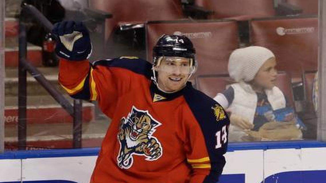 
Florida Panthers left wing Tomas Fleischmann of the Czech Republic, celebrates after scoring a goal during the second period of an NHL hockey game against the Nashville Predators, Sunday, Feb. 8, 2015, in Sunrise, Fla. 
