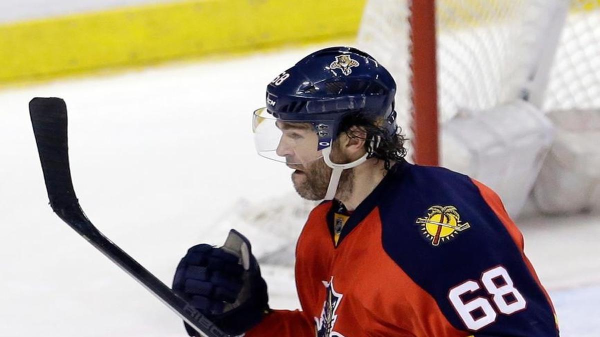 Florida Panthers right wing Jaromir Jagr (68) celebrates his second goal against the Winnipeg Jets during the third period of an NHL hockey game, Saturday, Feb. 20, 2016, in Sunrise, Fla. The Panthers won 3-1.