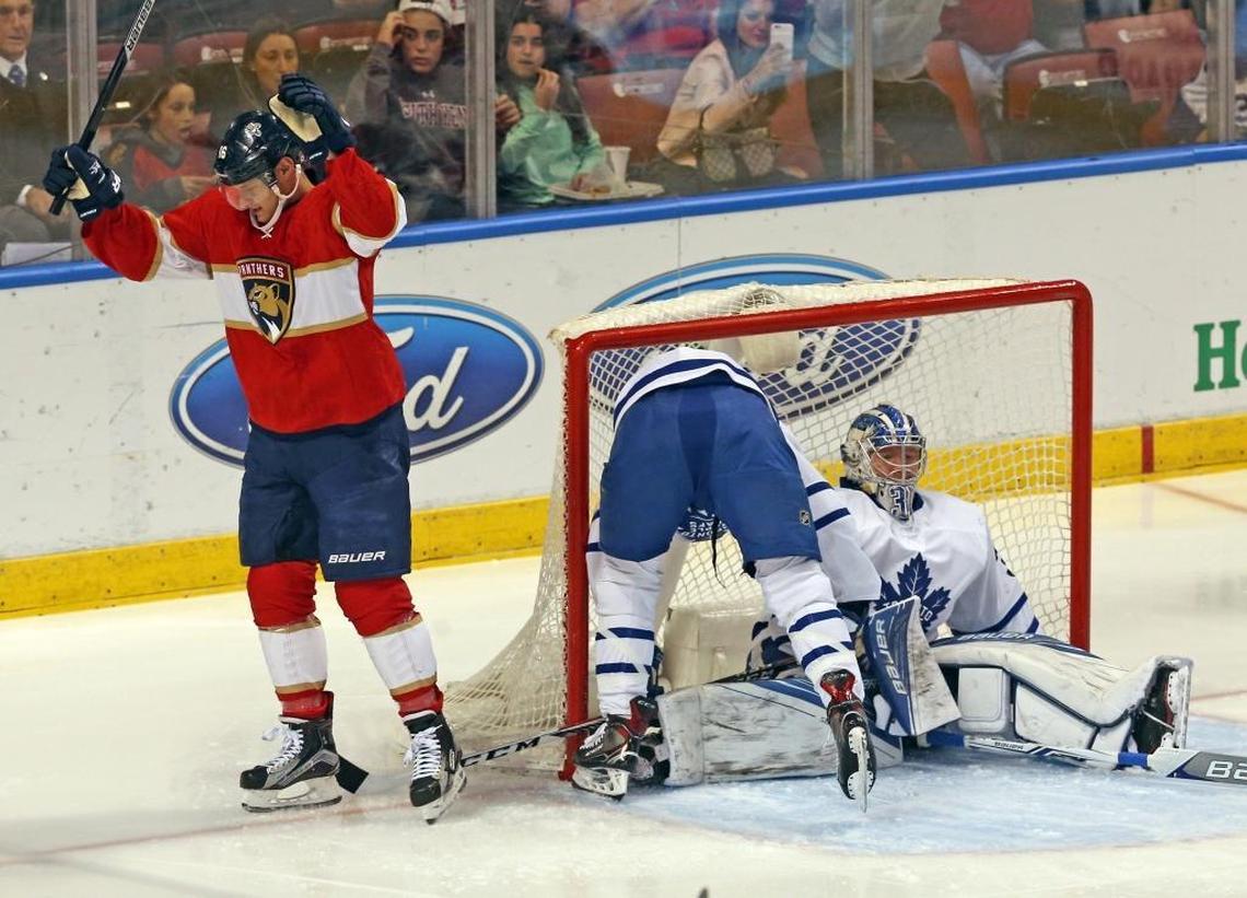 Florida Panthers Aleksander Barkov celebrates after scoring on Toronto Maple Leafs goalie Fredrick Andersen in the first 18 seconds of the first period at the BB&T Center in Sunrise, Florida, March 14, 2017.