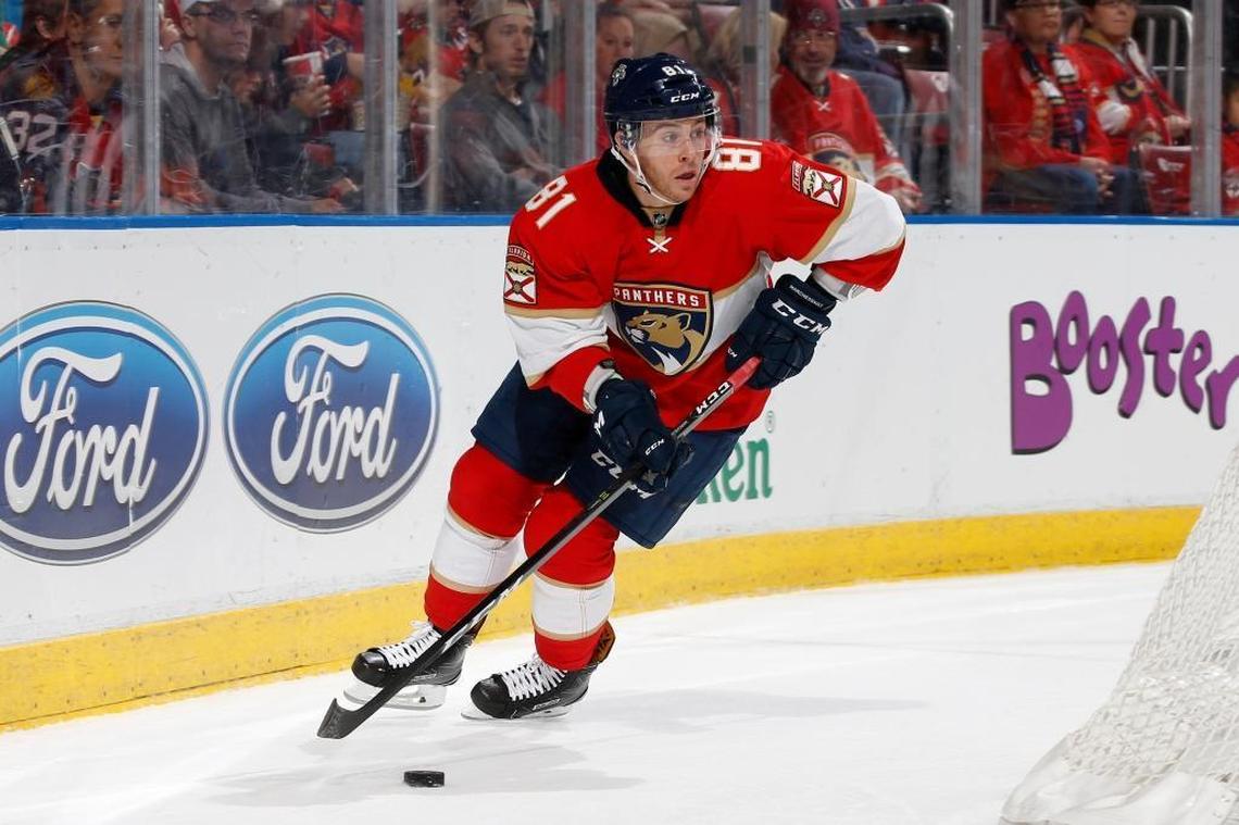 Florida’s Jonathan Marchessault clears the puck from behind the net against Detroit earlier this past season.