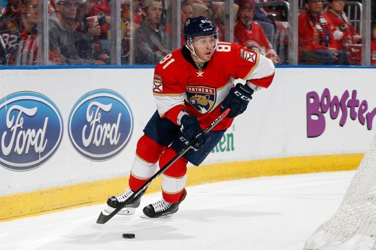 Florida’s Jonathan Marchessault clears the puck from behind the net against Detroit earlier this past season.