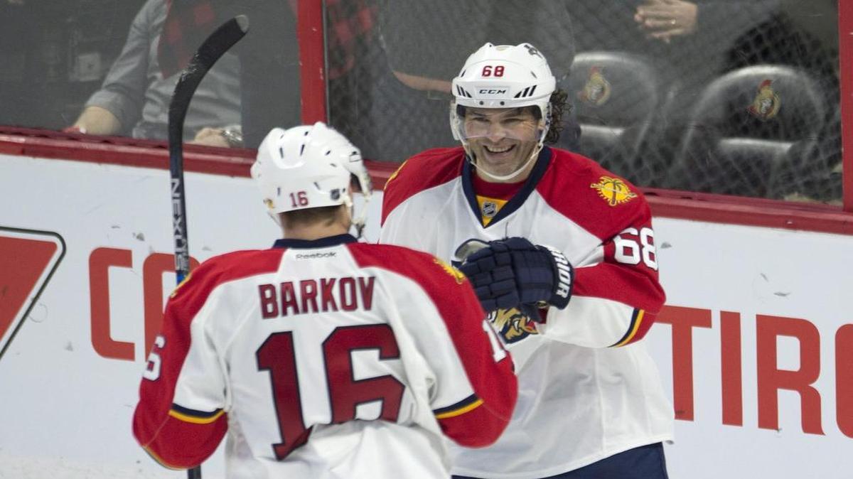Florida Panthers right wing Jaromir Jagr congratulates center Aleksander Barkov on his goal during the third period of an NHL hockey game against the Ottawa Senators, Thursday, Jan. 7, 2015, in Ottawa, Ontario.