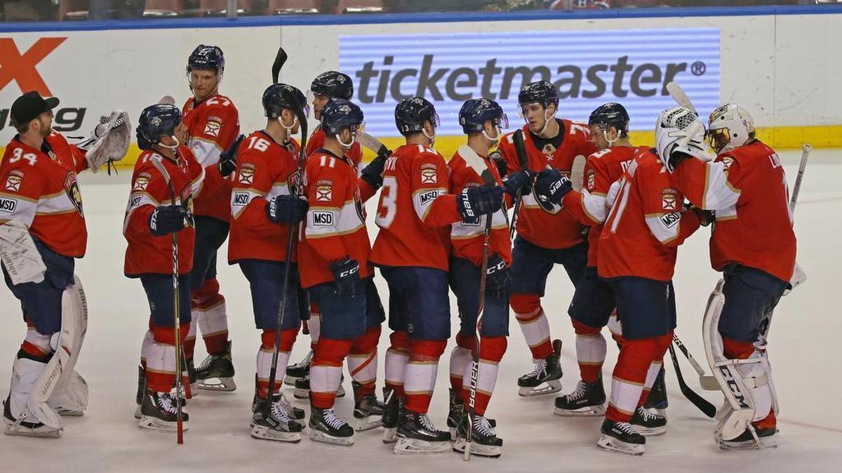 The Florida Panthers celebrate their 5-0 victory against the Montreal Canadiens at the BB&T Center on Thursday, March 8, 2018, in Sunrise.