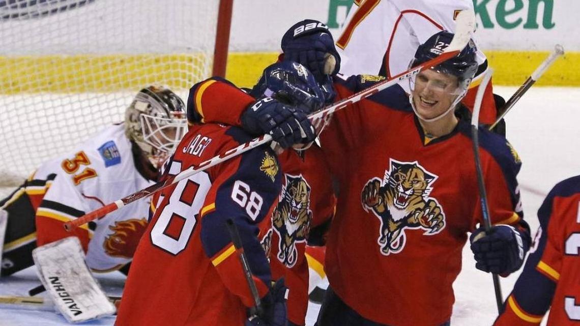 Florida’s Nick Bjugstad celebrates a goal with Jaromir Jagr last season.