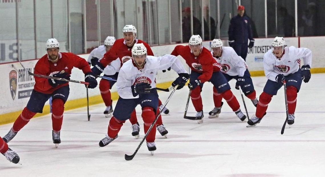 Florida Panthers players skate the rink during the first practice of the season in Coral Springs on Friday.