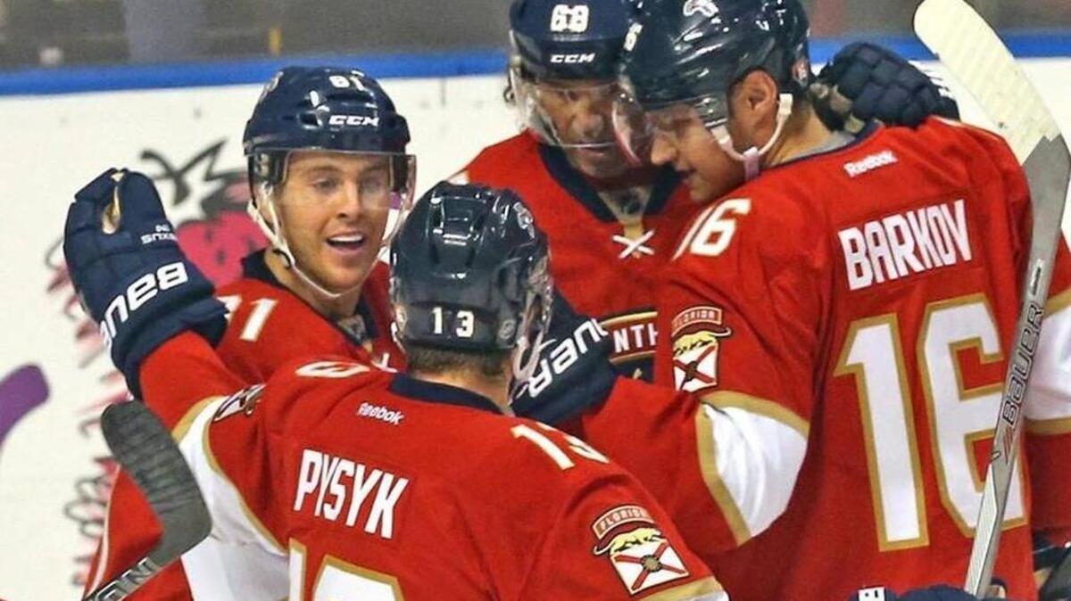 Jonathan Marchessault and his Florida Panthers teammates celebrate a goal earlier this season.