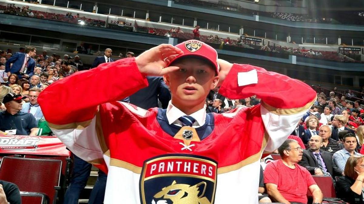 Aleksi Heponiemi celebrates after being selected 40th overall by the Florida Panthers during the 2017 NHL Draft at the United Center on June 24, 2017 in Chicago.