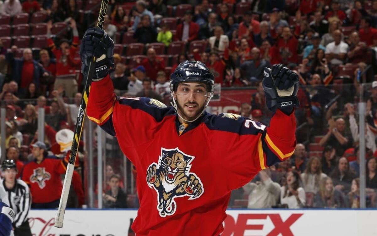 Florida Panthers forward Vincent Trocheck (21) celebrates a goal by forward Brad Boyes (24) against the Tampa Bay Lightning during the second period of an NHL hockey game on March 1, 2015, in Sunrise.
