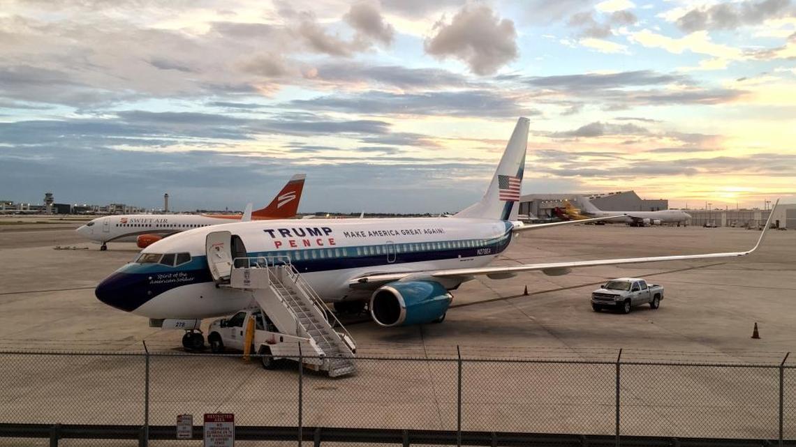 Republican presidential candidate Donald Trump's campaign plane sits on the tarmac at Miami International Airport Sunday night, July 24, 2016.
