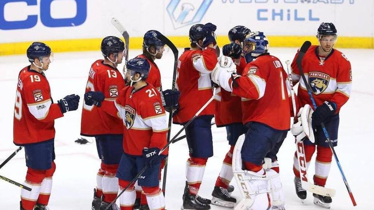 The Florida Panthers celebrate after defeating the Ottawa Senators 6-5 in an NHL hockey game at BB&T Center on Tues., Jan. 31, 2017, in Sunrise.