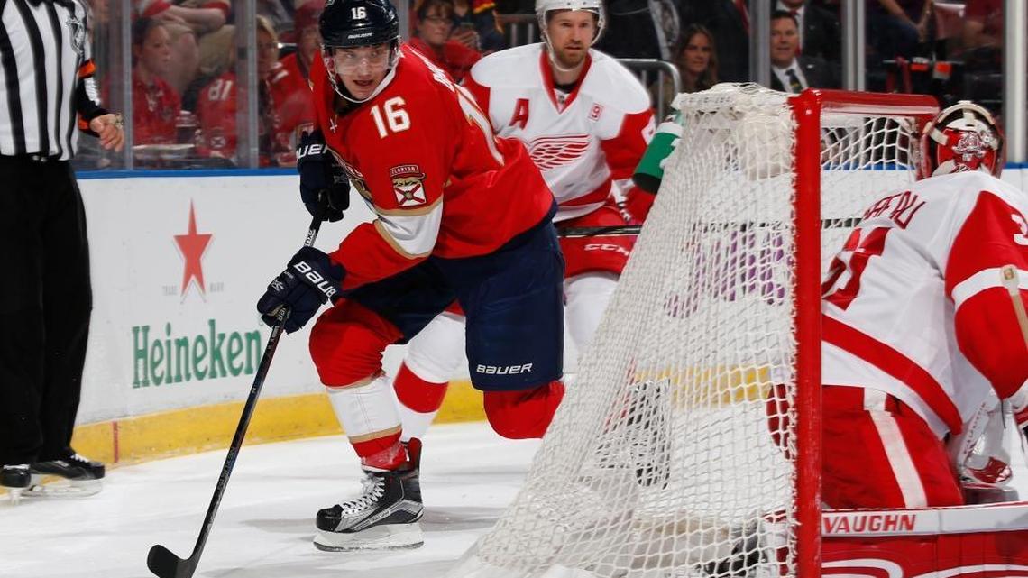 Florida’s Sasha Barkov works the puck around the Detroit net Friday night at BB&T Center.