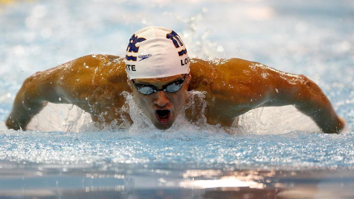 
Ryan Lochte swims the 100 butterfly in a preliminary race at the Arena Pro Swim Series meet in Charlotte, N.C, Friday, May 15, 2015.
