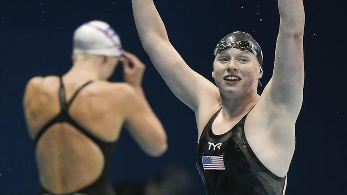 United States swimmer Lilly King celebrated after her gold medal performance in the women's 100m breaststroke final inside the Olympic Aquatics Stadium at the 2016 Summer Olympics Games in Rio de Janeiro, Brazil.