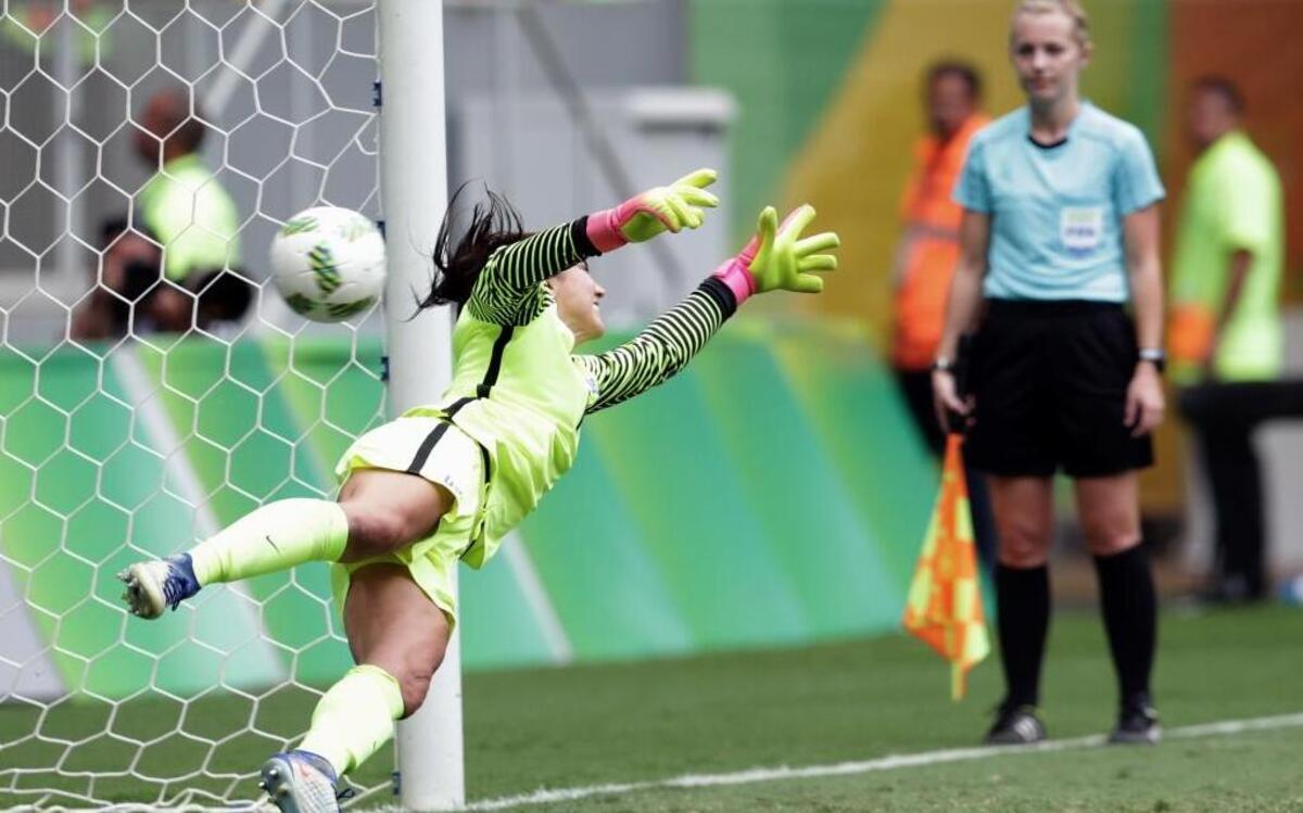United States goalkeeper Hope Solo fails to stop a penalty during a penalty shoot-out in the quarter-final match of the women's Olympic football tournament between the United States and Sweden in Brasilia Fri., Aug. 12, 2016. The United States was eliminated by Sweden after a penalty shoot-out.