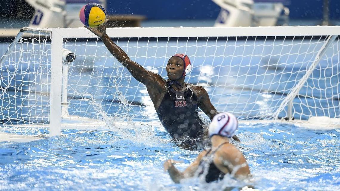 United States goalkeeper Ashleigh Johnson blocked a shot on goal in the USA's 12-5 gold medal victory over Italy in women's water polo on Friday at Olympic Aquatics Stadium during the 2016 Summer Olympics Games in Rio de Janeiro, Brazil.