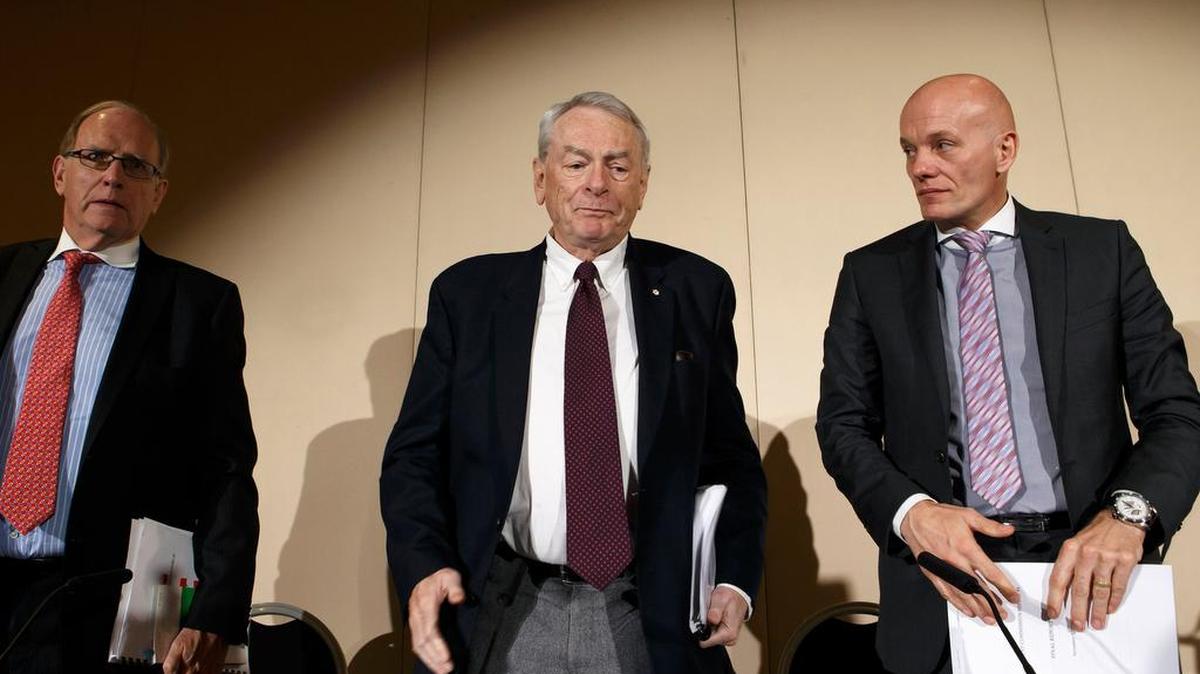 Canadian Dick Pound, center, chairman of the World Anti-Doping Agency’s Independent Commission, with IC members Richard McLaren, left, and Gunter Younger leave a press conference in Geneva on Monday after presenting the report on Russia’s doping scandal.