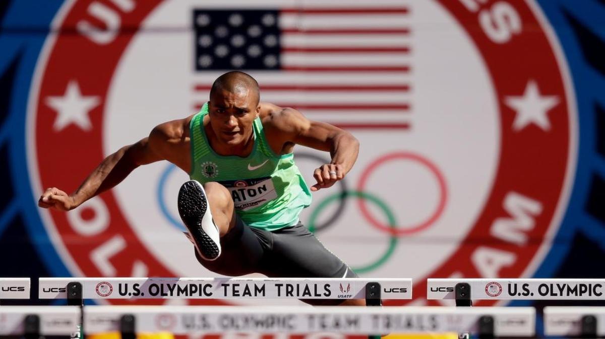 Ashton Eaton competes during the decathlon 110-meter hurdles at the U.S. Olympic Track and Field Trials on July 3, 2016, in Eugene, Oregon.