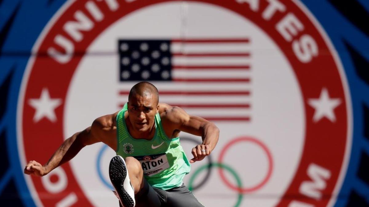 Ashton Eaton competes during the decathlon 110-meter hurdles at the U.S. Olympic Track and Field Trials on July 3, 2016, in Eugene, Oregon.