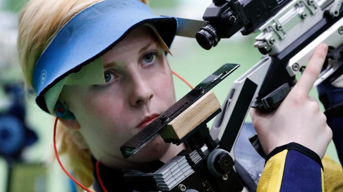 Virginia Thrasher of the United States competes during the Women's 10m Air Rifle Qualification at Olympic Shooting Center at the 2016 Summer Olympics in Rio de Janeiro, Brazil, Saturday, Aug. 6, 2016.